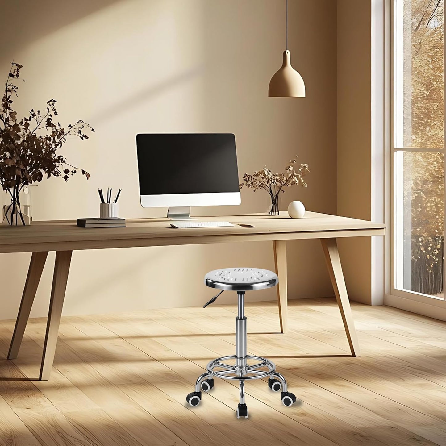 Rolling Stool, Stainless Steel Workbench, Adjustable Swivel Stool Medical 5 Wheels, 304 Stainless Steel Structure Laboratory Round Pad, Load Capacity 445 lbs (Silver)