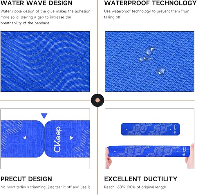 CKeep 4 Rolls Kinesiology Tape, Original Cotton Elastic Athletic Tape, 20 CT 10" Precut Strips Each, Waterproof Tape for Muscle Strain Relief and Joint Support, Blue