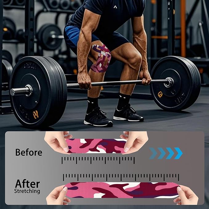 Precut Kinesiology Tape for Knees,12 Pcs – Elastic Knee Support & Stability, Pain Relief – Waterproof, Breathable, Hypoallergenic Athletic Tape (Camo Pink)