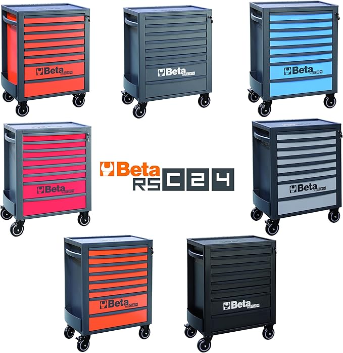 Beta RSC24 Heavy Duty Rolling Tool Cabinet, 8 Drawers, Blue, Ball Bearing Slides, Rubber Mat Liners, 5" Casters, Anti-Fall Edge Worktop, 1760 lbs Load Capacity, Made in Italy