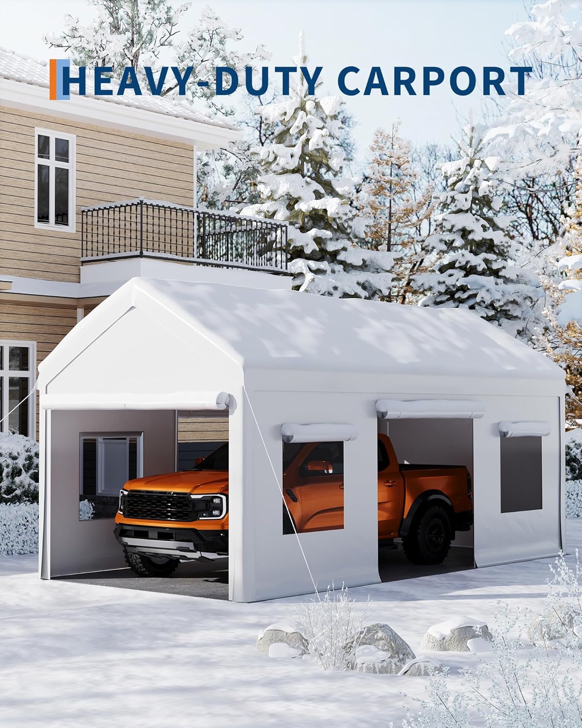 10x20 Ft. Metal Carport Garage with PE Fabric and Galvanized Steel Frame Outdoor Shelter for Cars, Trucks and Boats with 4 Doors and Mesh Windows for Ventilation - White