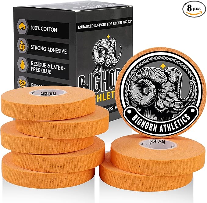 Bighorn Athletics Jiu Jitsu Finger Tape, Rock Climbing Tape | Multipurpose for Sports & Injuries: MMA, Volleyball, Football, Basketball, Tennis, Golf, Hands & Toes, 0.5-Inch x 45-feet, 8-Rolls, Orange
