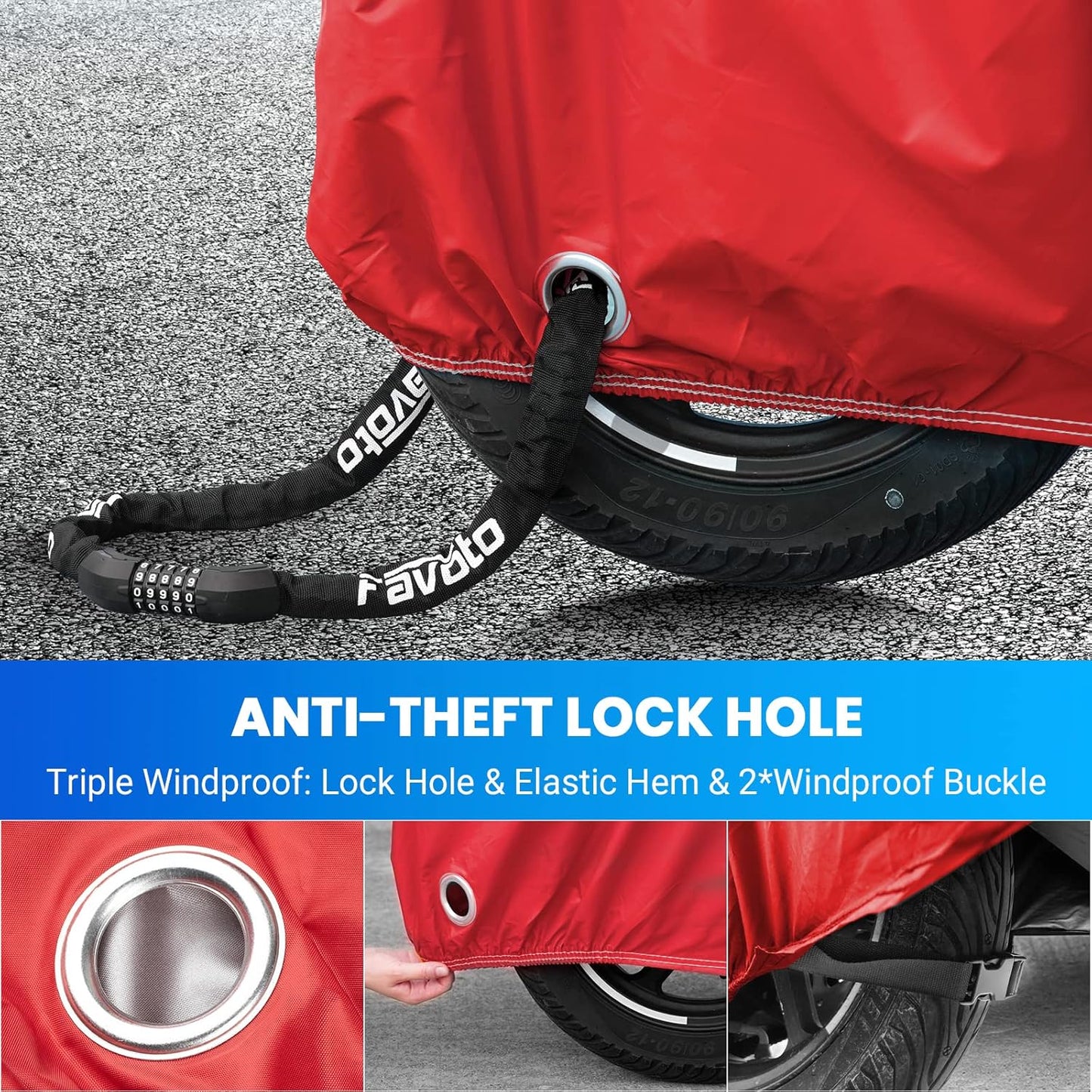 Favoto Motorcycle Cover Waterproof Outdoor - Universal Fit Motorbike Cover with 3 Night Reflectors Lock-Hole Carrying Bag Windproof Dustproof Rain Sun Protection (116 inch Length)