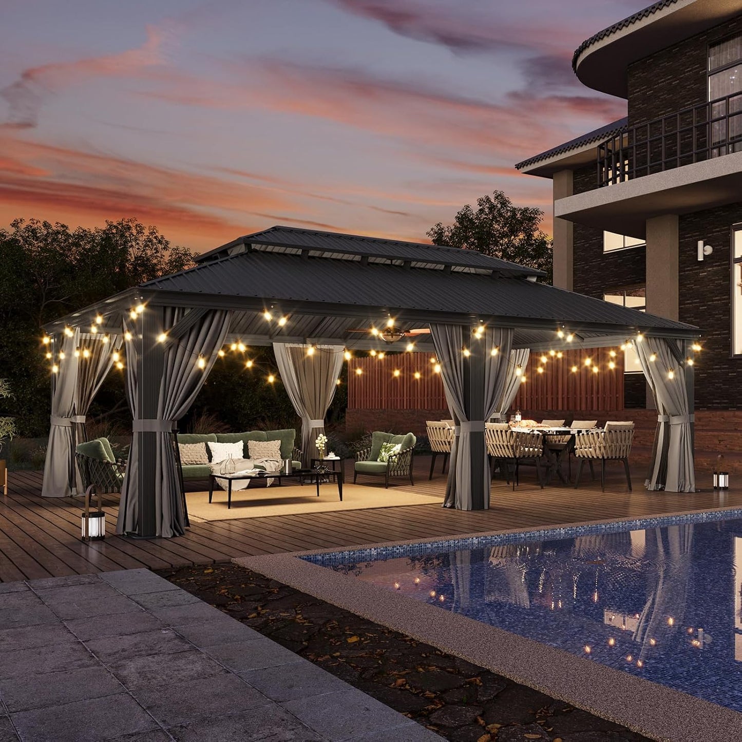 Aoxun 14' X 24' Hardtop Gazebo with Drainage System, Aluminum Outdoor Gazebo with Galvanized Steel Double Roof, Patio Permanent Metal Pavilion with Netting, for Garden, Deck, Grey