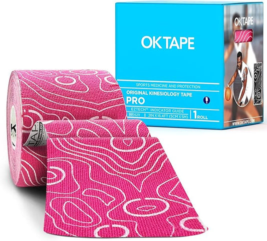OK TAPE PRO Kinesiology Tape Uncut Roll, Elastic Physical Therapy Athletic Tape for Pain Relief, Muscle Support, Kinetic Tape, Water Resistant, 2in X 16.4ft -Pink