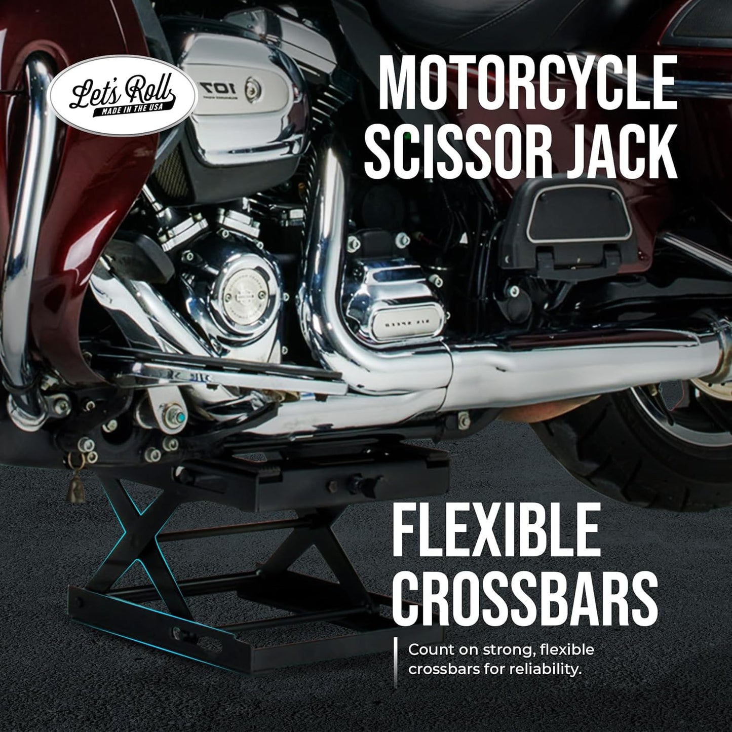 Let's Roll Standard Motorcycle Lift Jack - 1200 LB Heavy Duty Scissor Jack Stands, Scissor Lift Jacks, Motorcycle Accessories, Stable Garage Lifts with Mobility for Maintenance - Made in The USA