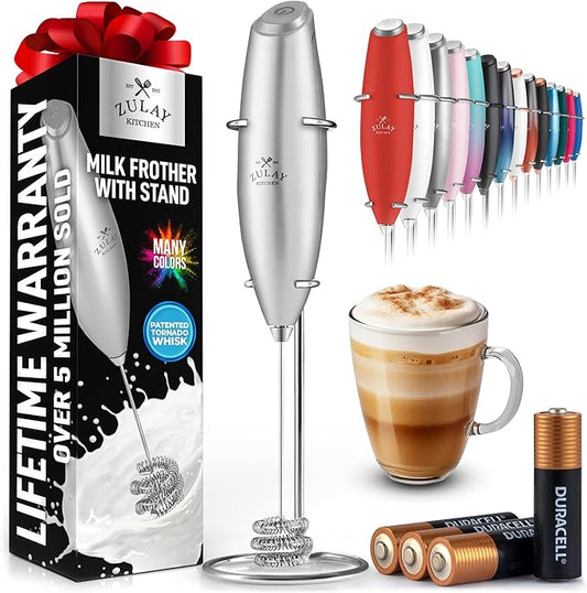 Zulay Kitchen Tornado Whisk Milk Frother with 4 AA Duracell Batteries - Triple Whisk for More Power - Handheld Coffee Frother with Stand - Drink Mixer for Lattes, Matcha & Protein Shakes