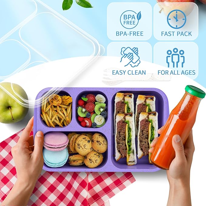 Large Capacity Bento Box for Adults, 4-Piece Set – Stackable Lunch Box with 4 Compartments, Microwave & Dishwasher Safe, Reusable Meal Prep Containers, Snack Containers for Kids & Adults (Purple)