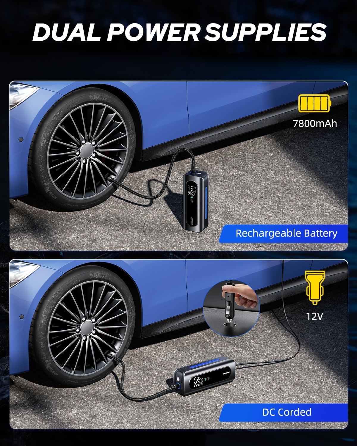 AUTOONE Tire Inflator Portable Air Compressor - 4X Faster 150PSI Cordless Air Pump with Digital Tire Pressure Gauge, 12V Car Power Adapter - For Car, Motorcycle, Bike, Ball and More