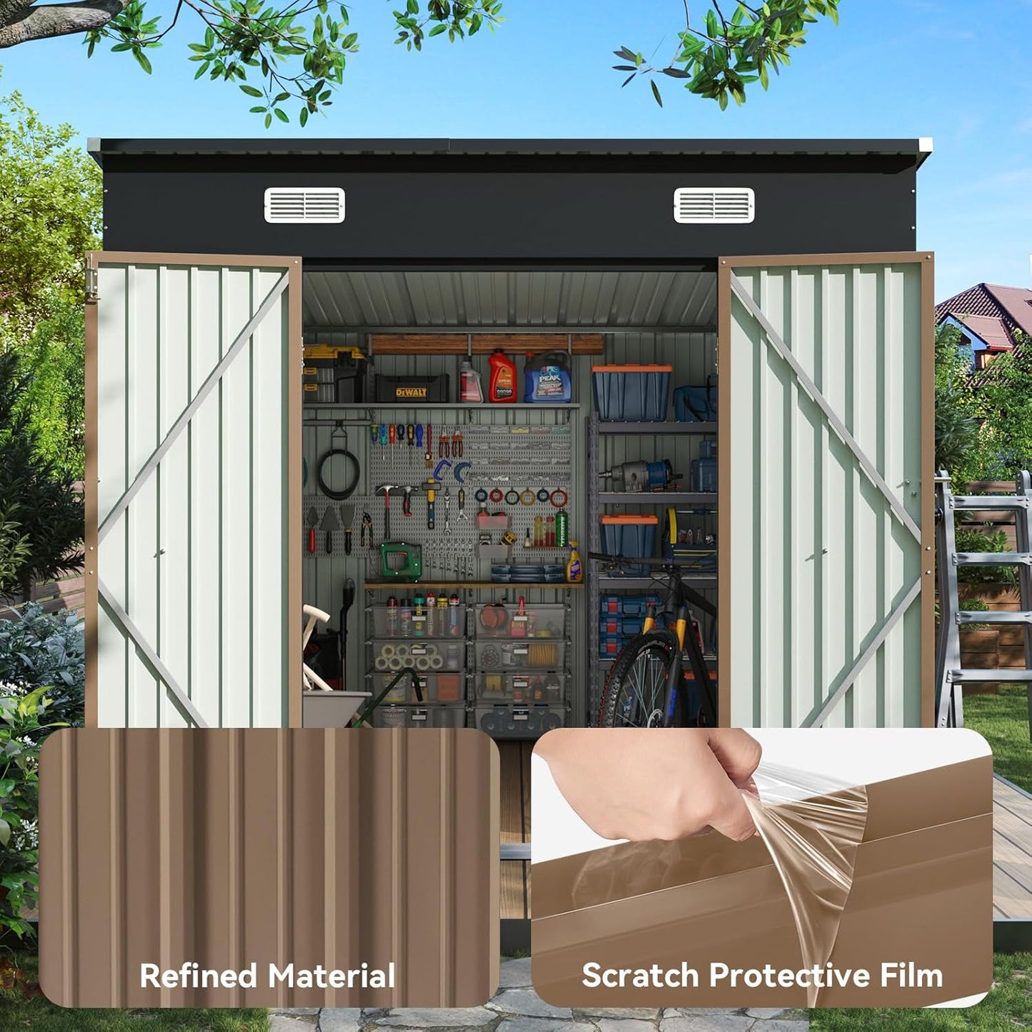 Aoxun 7.5x6 FT Outdoor Shed Metal Storage Shed with Single Slooping Roof Lockable Door Steel Utility Tool Shed Outdoor Waterproof Shed Garden Shed for Backyard Garden Patio Lawn, Brown