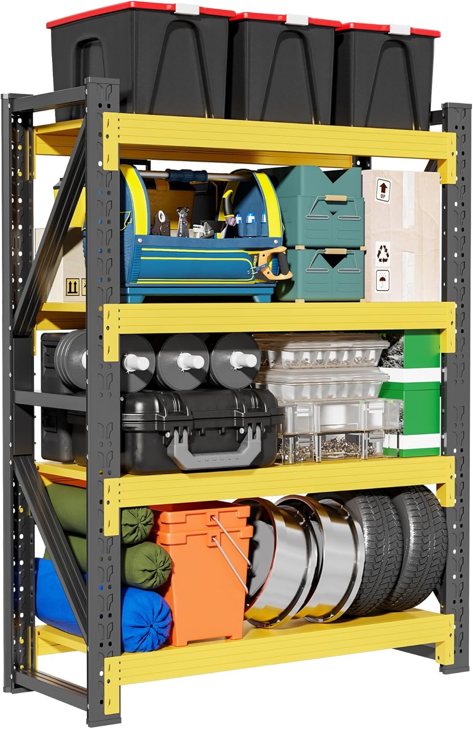 4-Tier Storage Shelves,79" H Heavy-Duty Garage Shelving Unit,Adjustable Industrial Metal Shelf System,4,500lbs Capacity,Tool Organizer for Garage,Workshop,60" W*20" D*79" H,Black&Yellow