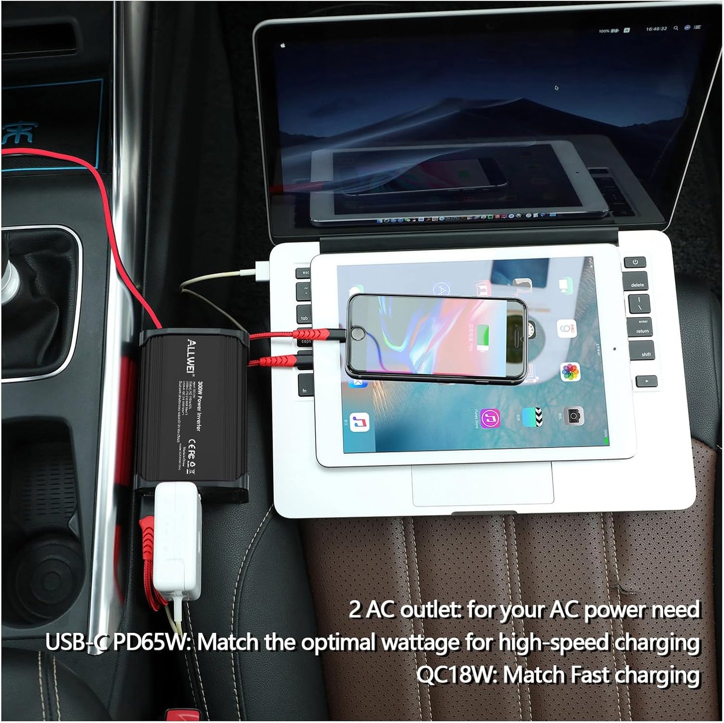 ALLWEI 300W Car Power Inverter DC 12V to 110V AC for Vehicles Converter USB-C PD65W/18W Fast Charging Ports Car Charger Adapter (Black)