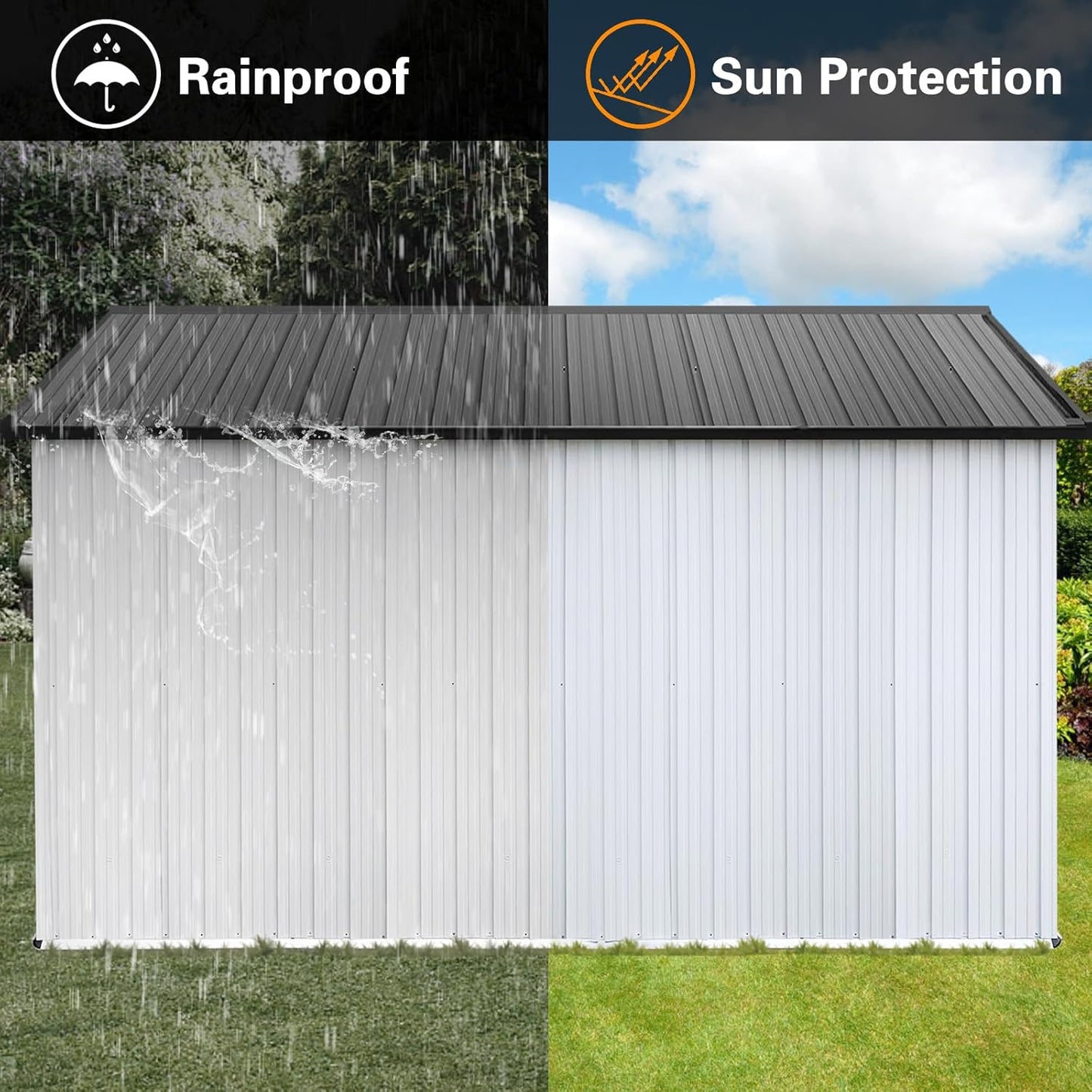 12 x 10 FT Metal Garden Shed, Outdoor Storage Shed with Heavy-Duty Steel Construction, Built-in Punched Vents & Hinged Door, Free Padlock for Secure Backyard, Patio & Garage Storage, White + Grey