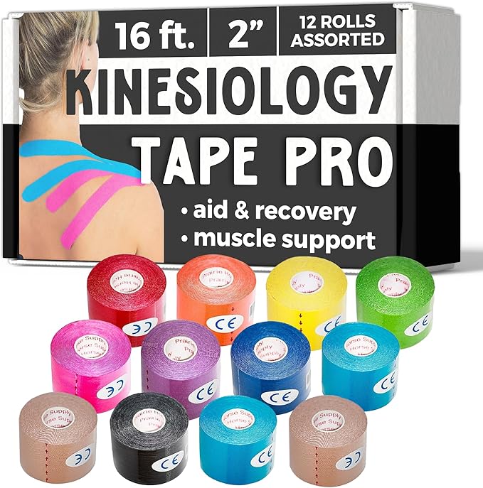 Kinesiology Tape Pro, Athletic Waterproof Muscle Support Adhesive Kinesio Sport Tape for Athletes 2 inches x 16.4 feet, 12 Rolls, Assorted
