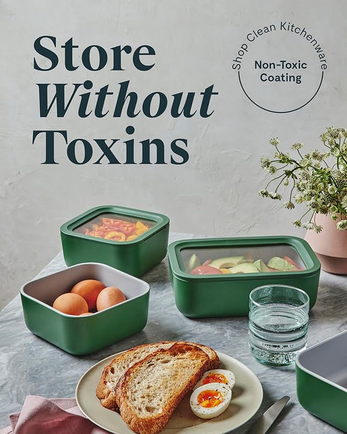 Caraway 2pc Glass Food Storage Set - 6.6 Cup Food Containers (2) - Ceramic Coated - Non Toxic, Non Stick Lunch Box with Lids. Dishwasher, Oven, & Microwave Safe - Gray