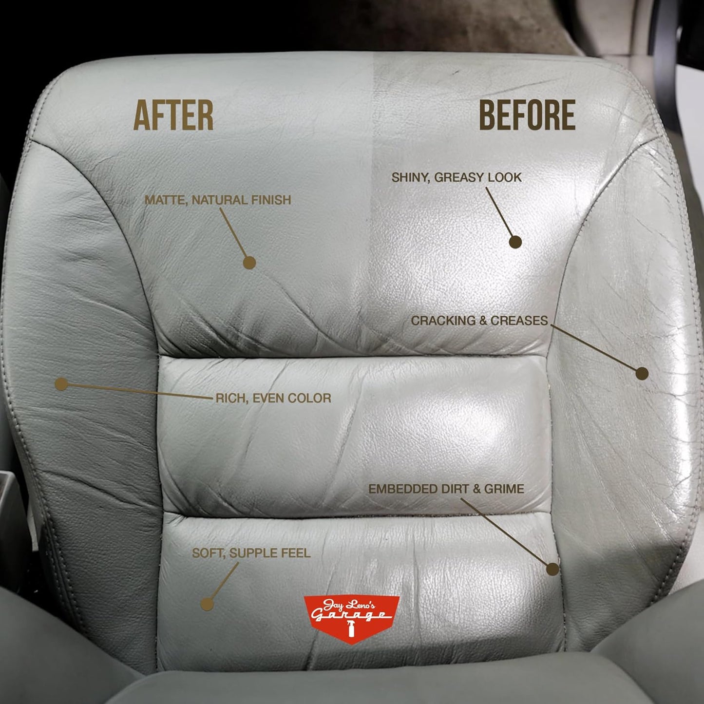 Jay Leno's Garage Leather Cleaner – Deep-Cleaning Leather Seat Cleaner for Car Interior, pH-Balanced Car Refresher That Gently Cleans, Lifts Grime, Refurbish and Restores All Leather Surfaces (16 oz)
