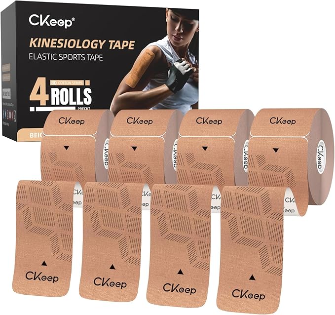 CKeep 4 Rolls Kinesiology Tape, Original Cotton Elastic Athletic Tape, 20 CT 10" Precut Strips Each, Waterproof Tape for Muscle Strain Relief and Joint Support, Beige
