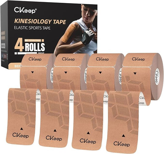 CKeep 4 Rolls Kinesiology Tape, Original Cotton Elastic Athletic Tape, 20 CT 10" Precut Strips Each, Waterproof Tape for Muscle Strain Relief and Joint Support, Beige