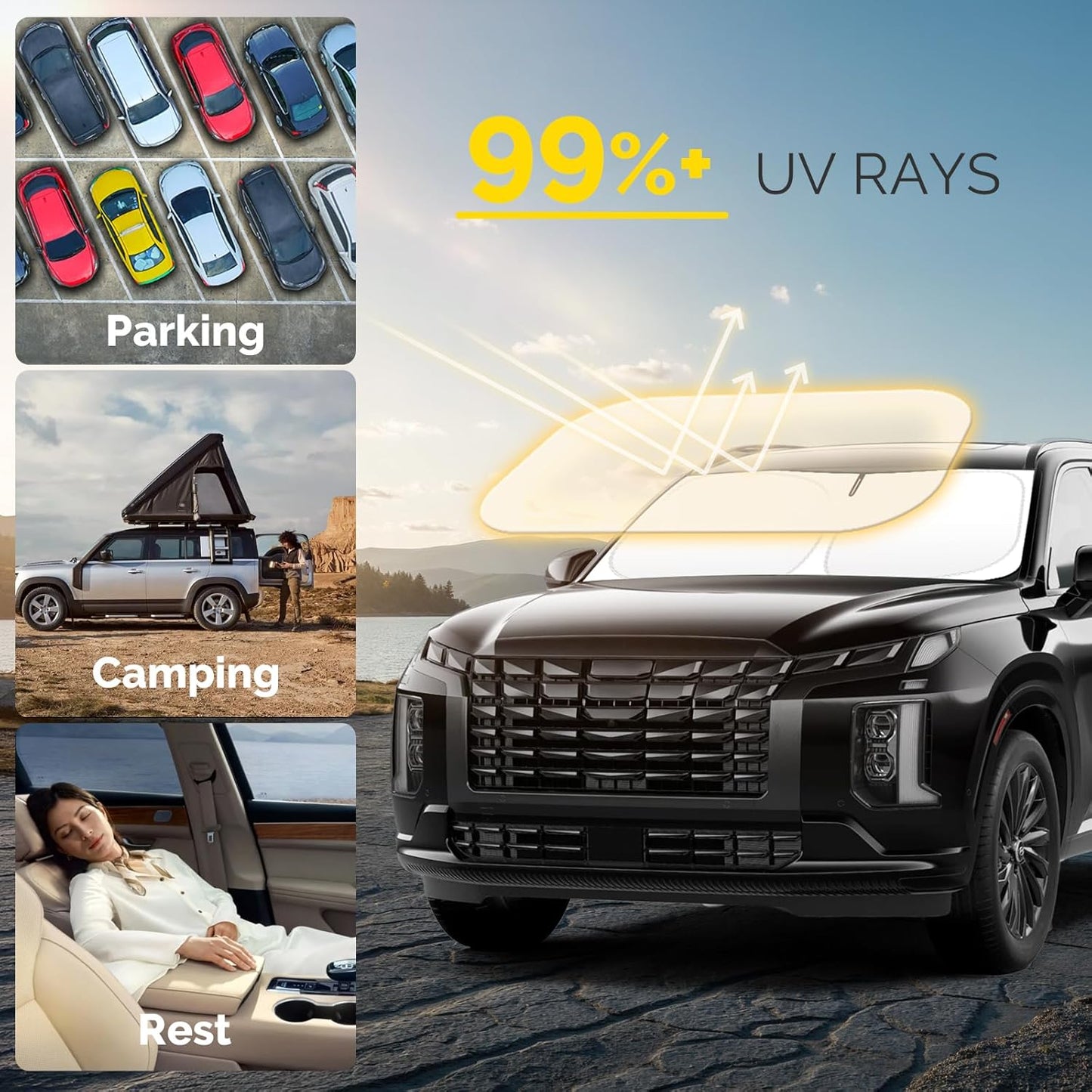 Car Windshield Sun Shade Compatible with 2020 2021 2022 2023 2024 2025 Hyundai Palisade Accessories Foldable Front Window Sunshade Custom Windshield Cover Sun Visor Block UV Rays