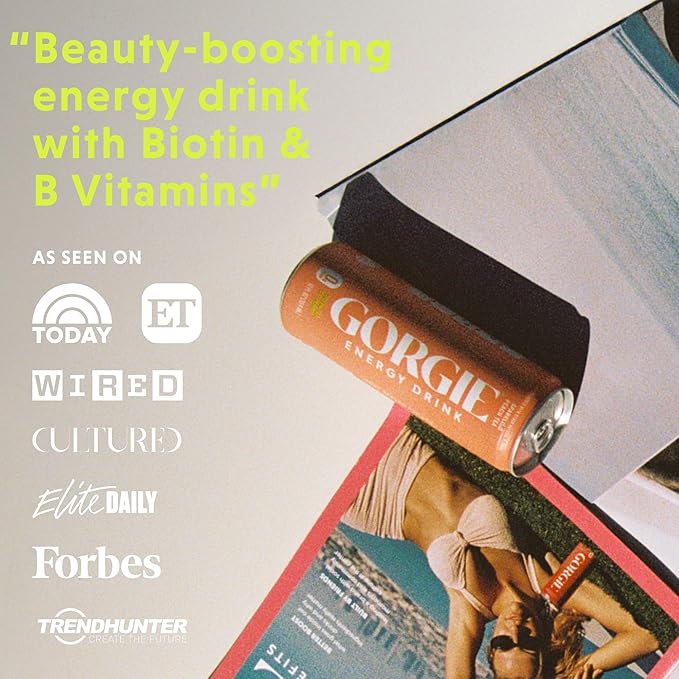 GORGIE Sugar Free Natural Energy Drinks, Peach (12 Pack) - Healthy Energy Drinks - Natural Coffee Replacement with Green Tea Caffeine and Biotin - 150mg Caffeine, Vegan, & Low Calorie