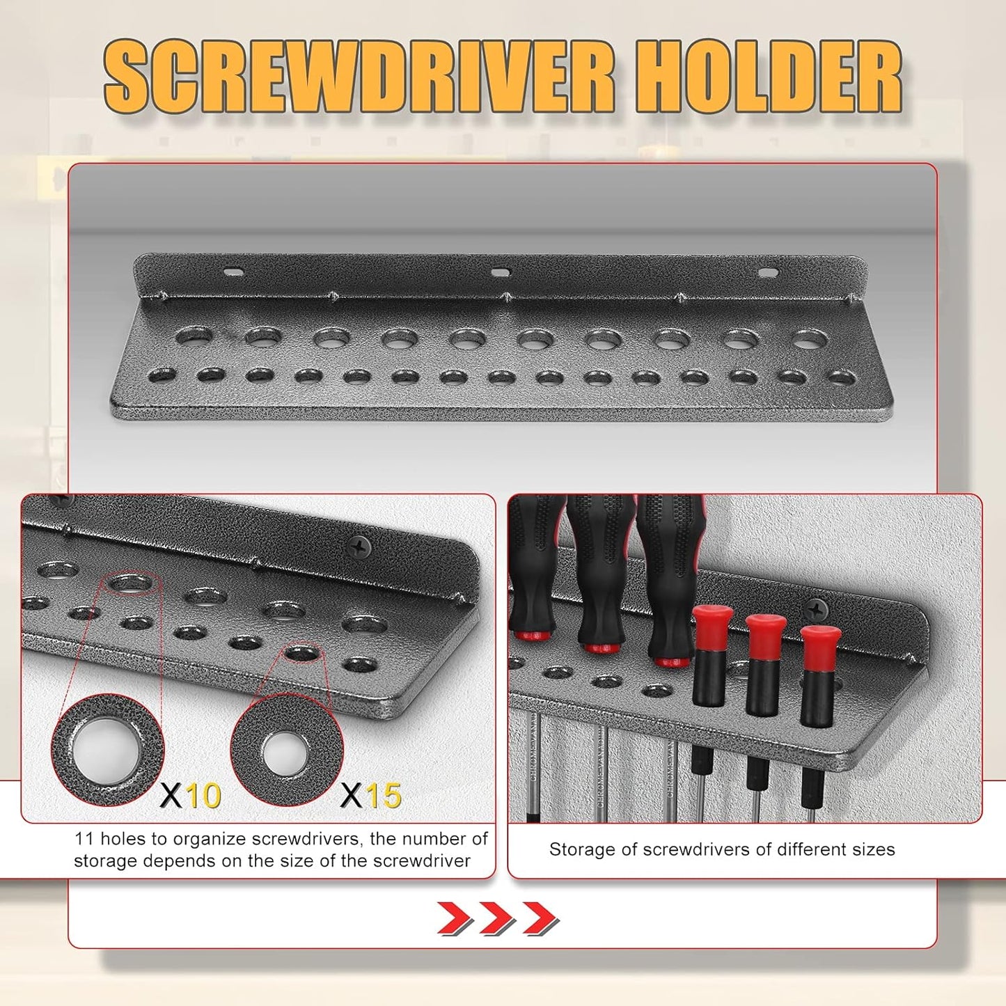 Screwdriver Organizer，Metal Screwdriver Organizers, Hammer Rack，Pliers Organizer, Wall Mounted Tool Organizers for Workshop，Set of 3 Tool Holder Organizer for Workbench
