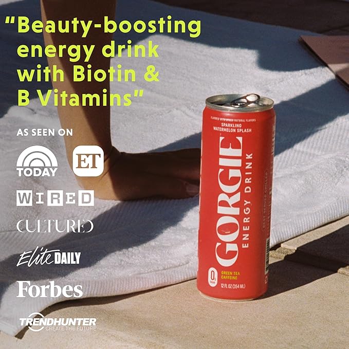 GORGIE Sugar Free Natural Energy Drinks, Sparkling Watermelon Crush (12 Pack) - Healthy Energy Drink - Natural Coffee Replacement with Green Tea Caffeine and Biotin, 150mg Caffeine, Vegan, Low Calorie