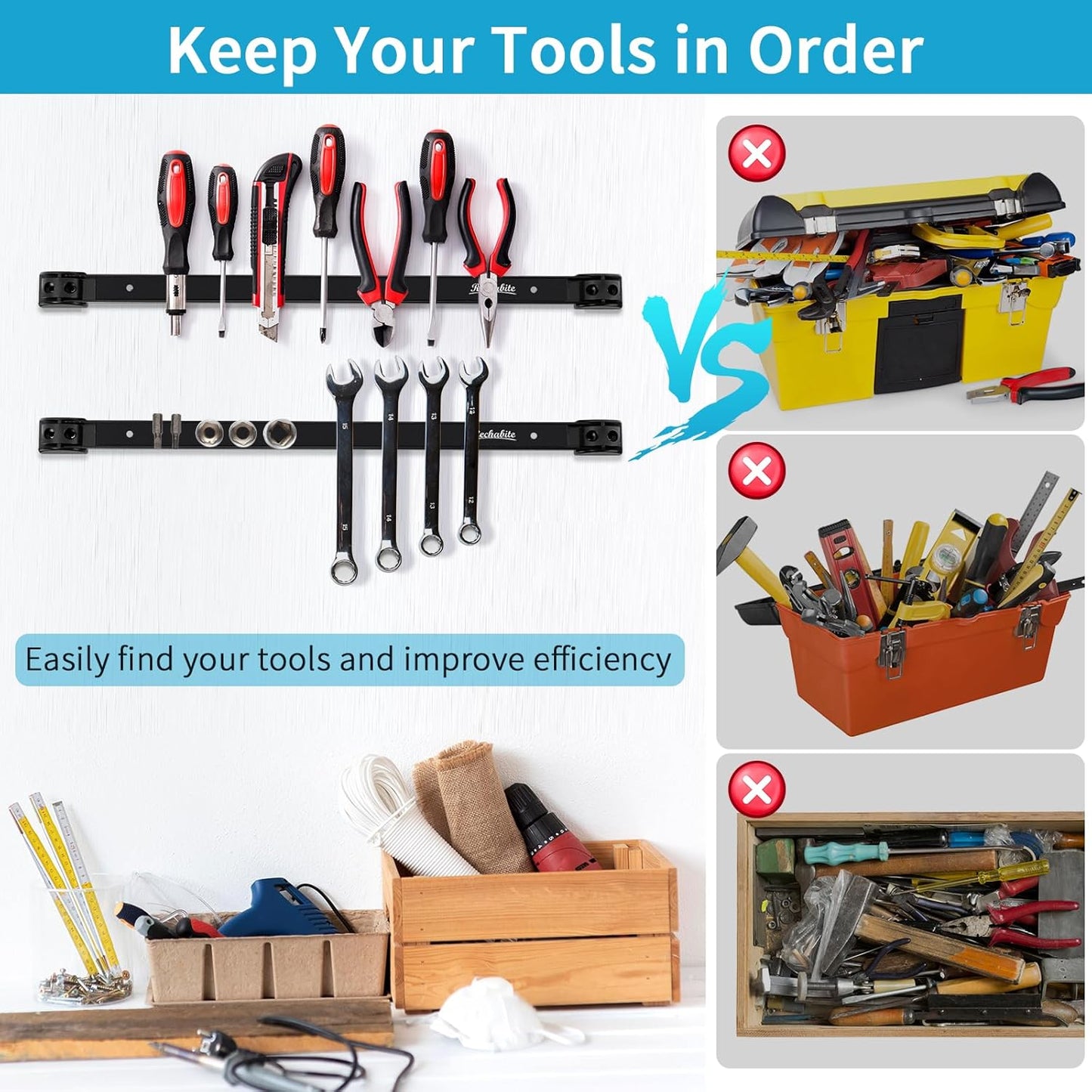 6 Pieces 24" Magnetic Tool Holder Strip, Black Magnet Bar, Metal Tool Organizer Rack for Garage Organization, Easy To Install in Workshop, Mounting Screws Included