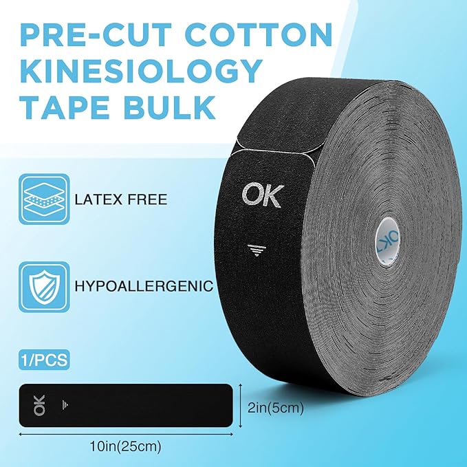 OK TAPE Kinesiology Tape Pre Cut Strips Bulk (150 PCS),Elastic Cotton Latex Free Hypoallergenic Athletic Tape Roll for Muscle Joint Knee,Waterproof k Tape 2in×10in/PCS