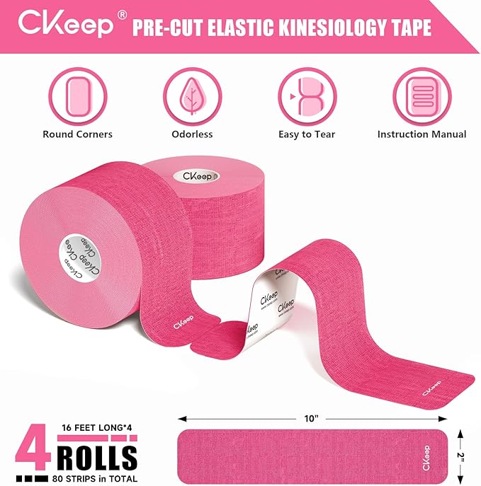 CKeep 4 Rolls Kinesiology Tape, Original Cotton Elastic Athletic Tape, 20 Precut 10" Strips Each, Pink, Ideal for Muscle Support & Injury Prevention