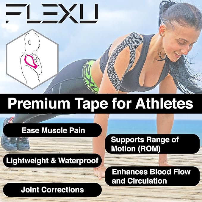 FlexU Kinesiology Tape; Available in Pre-Cut or Continuous Options; Advanced Strength and Flexibility for Enhanced Therapeutic Recovery; Provides Support, Stability, & Pain Relief to Muscles & Joints