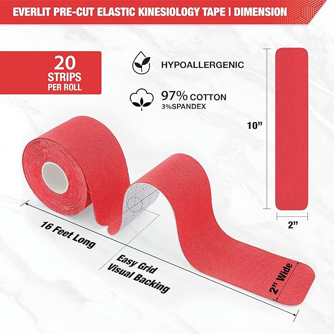 EVERLIT [4-Pack] Pre-Cut Elastic Cotton Kinesiology Therapeutic Athletic Sports Tape, for Pain Relief and Support, 80 Precut 10” Strips (Red)