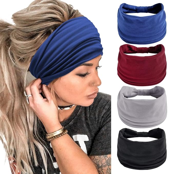 Wide Headbands for Women Black Stylish Head Wraps Boho Thick Hairbands Large African Sport Yoga Turban Headband Hair Accessories (Pack of 4)