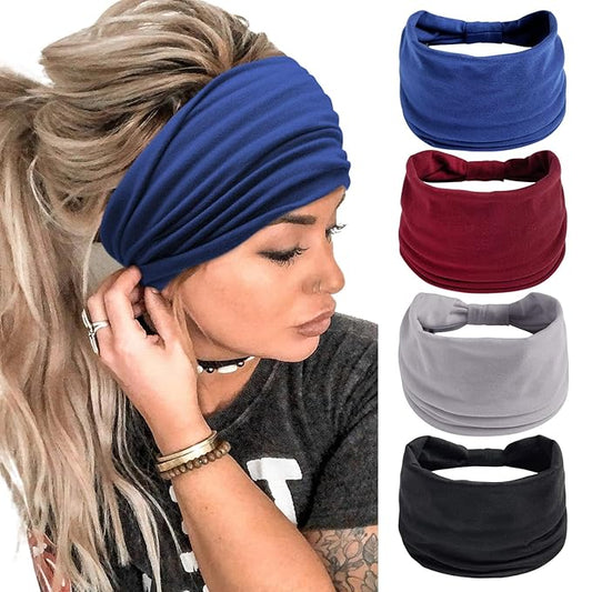 Wide Headbands for Women Black Stylish Head Wraps Boho Thick Hairbands Large African Sport Yoga Turban Headband Hair Accessories (Pack of 4)