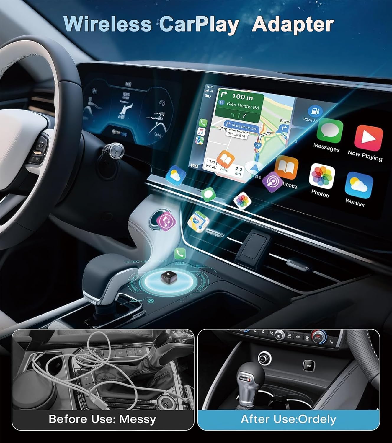 CarPlay Wireless Adapter, Compatible with CarPlay+Android Auto, Mini Stable Wireless CarPlay Adapter, Compatible with Apple iOS 10+ and Vehicles Produced After 2016 with Wired CarPlay.