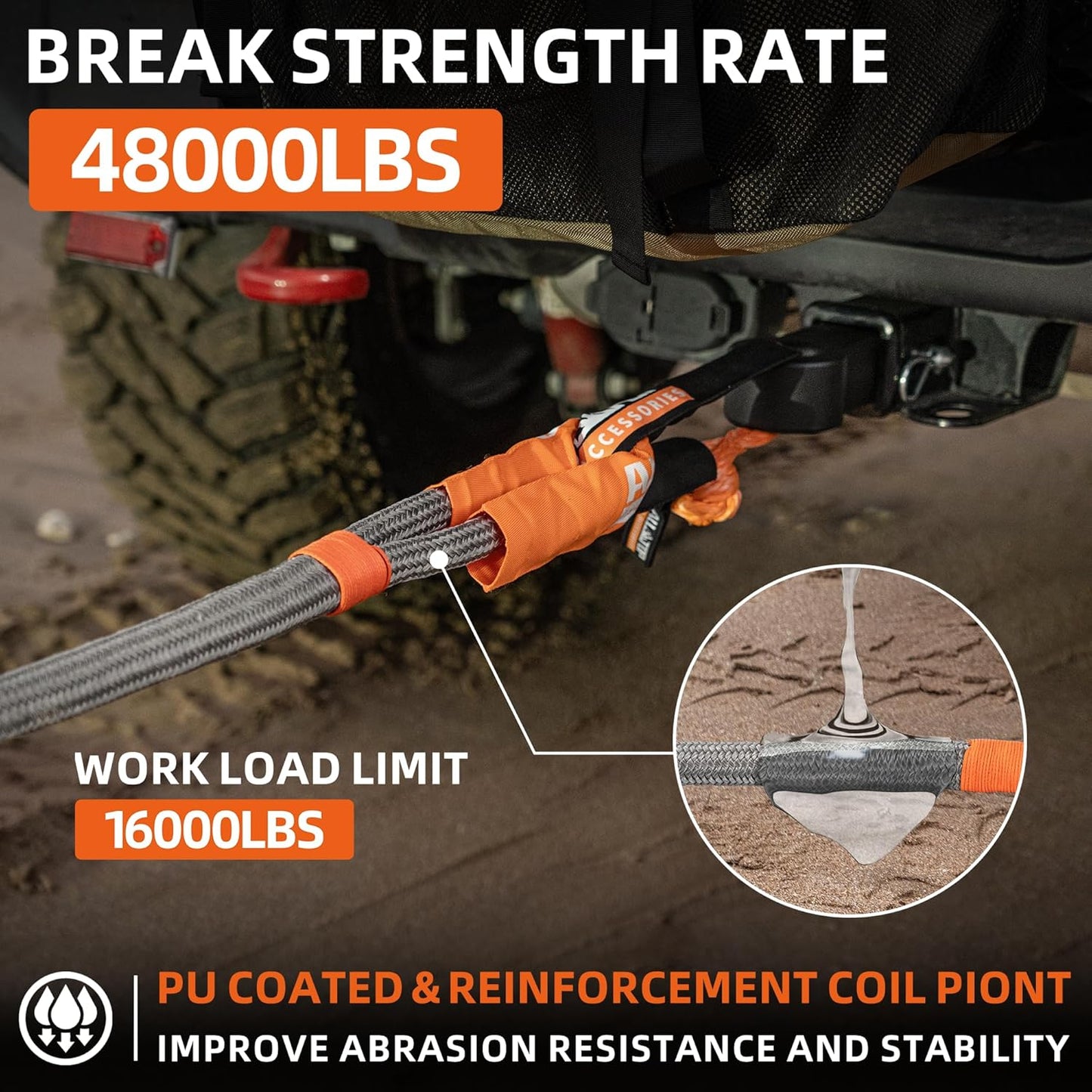 ALL-TOP Kinetic Recovery Rope, 48000Lbs, 1in x 30ft, Heavy Duty 30+% Elasticity, 16000Lbs Work Load Limit for 4x4 Offroad Vehicle