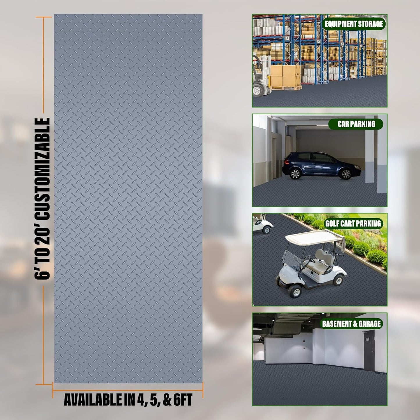 SEAL 5 x 15 Ft Premium Garage Floor Mat, Solid 2.8mm Thick Gray Commercial Grade Heavy Duty Parking Mat for Garage Floor, Golf Cart Parking, Water/Stain Resistant Floor Runner (Embossed Diamond Plate)