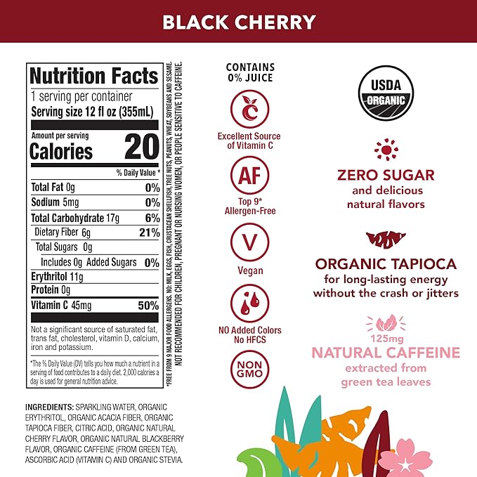 OCA ZERO Black Cherry, Organic energy drink, zero sugar, gluten-free, vegan plant-based, 12 Fl Oz (12-pack)
