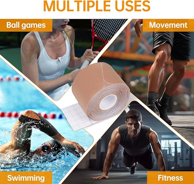 Dimora Kinesiology Tape, 80 Count Precut Strips 4 Rolls, Original Cotton, 10” Elastic Athletic Tape for Muscle Pain Relief and Joint Support, Beige