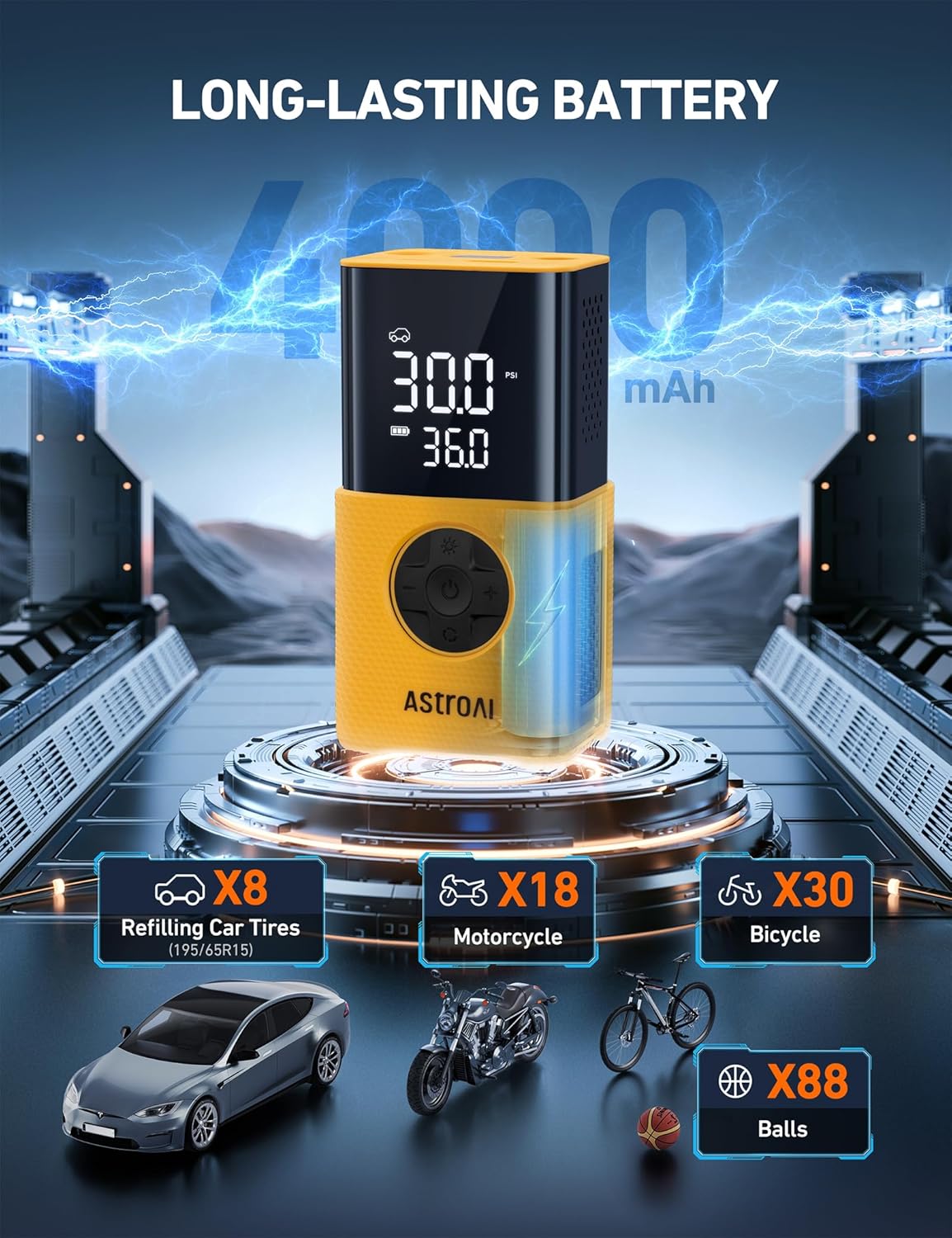 AstroAI Tire Inflator L7S Portable Air Compressor Cordless Bike Air Pump with Digital Dual Values Display, 150 PSI Car Tires Pump with LED Lights Air Pump for Auto, Motorcycles, Bikes, Balls