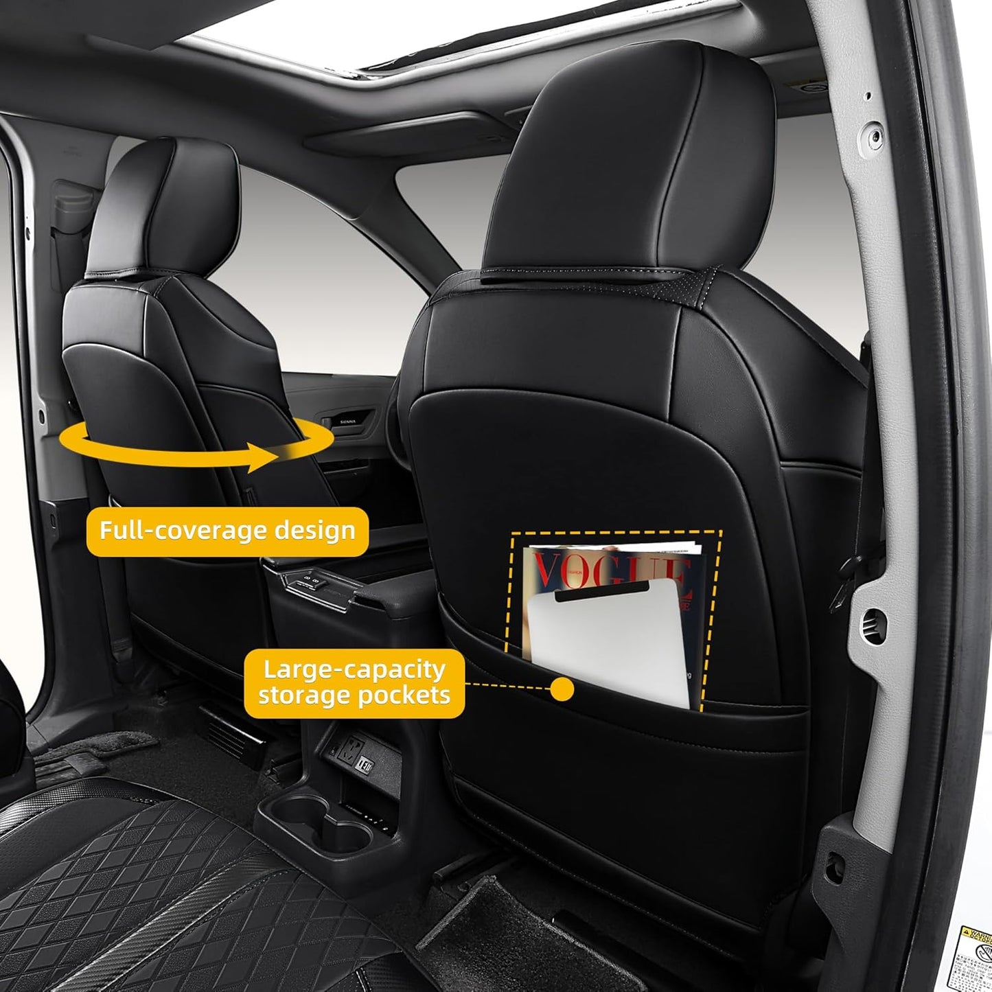 Custom Fit Sienna Seat Covers for Toyota Sienna LE,XLE 2021-2025 3-Row Accessories Full Coverage Waterproof Leather Car Seat Covers Full Set (Black, 7-Seat)