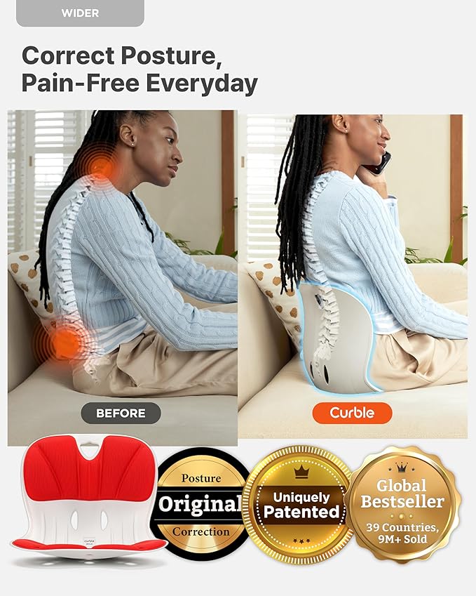 Curble Wider(Standard Wide) – Ergonomic Lower Back Support, Lumbar Support Back Posture Corrector for Low Back Pain Relief, Perfect for Home Office Desk Chair, and Floor Seat, Patented (Red)