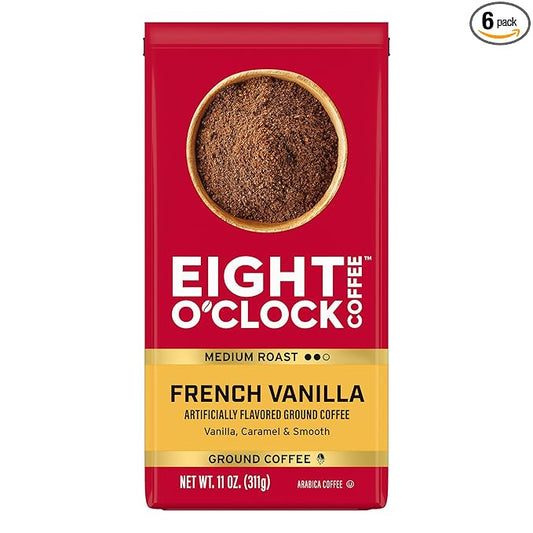 Eight O'Clock Coffee French Vanilla Ground Coffee, Medium Roast, 11 Ounce (Pack of 6) - Smooth & Aromatic