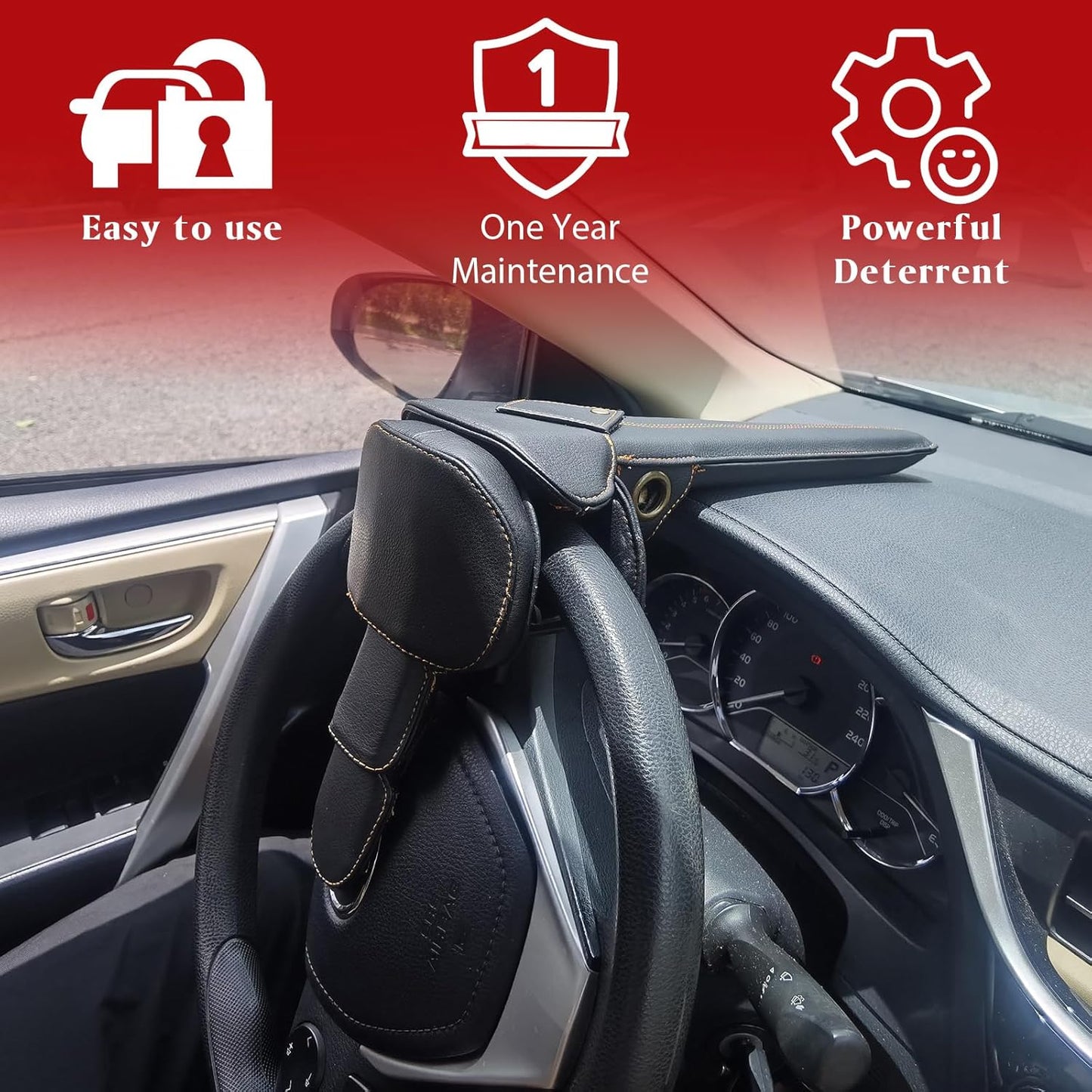 Amorin Leather Car Steering Wheel Lock Anti Theft Device Security Lock with Adjustable Length Fit for Cars Trucks Vans and SUVs with 2 Keys