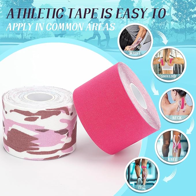 2 Rolls Kinesiology Tape, Waterproof Kinetic Tape 1.97 in x 16.4 ft, Uncut Cotton Elastic Athletic Strips for Knee, Shoulder, Ankle, Muscle Support (Pink and Pink Camouflage)
