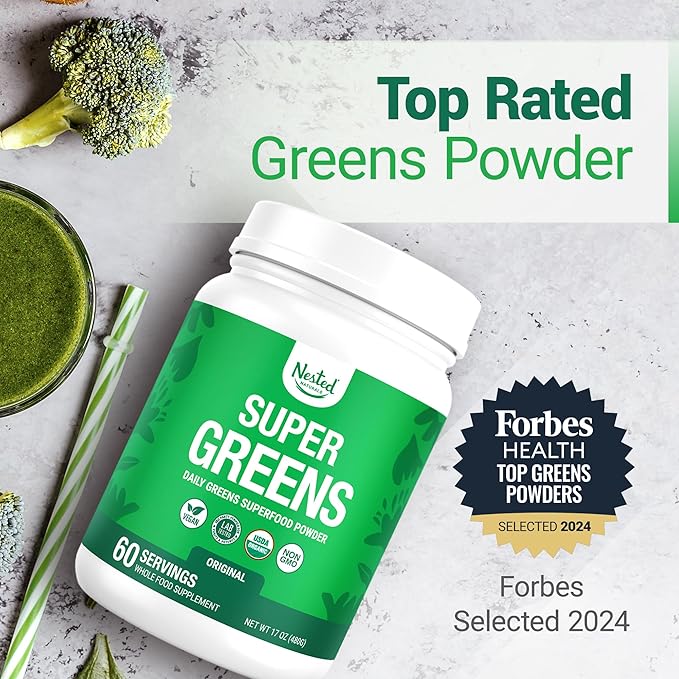 Nested Naturals Super Greens Daily Superfood Powder - Certified USDA Organic Green Powder w/20+ Whole Foods, Spirulina Powder, Wheat & Barley Grass - Probiotics, Fiber & Enzymes - Original Flavor, 60