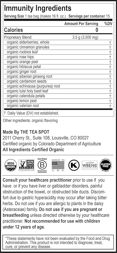 The Tea Spot Organic Immunity Tea with Natural Vitamin C for Immune Support|Blend of Adaptogens, Elderberry, Orange Peel, Ginger, Basil, Lemon Peel & Valerian Root | Caffeine-Free 15 Tea Bags