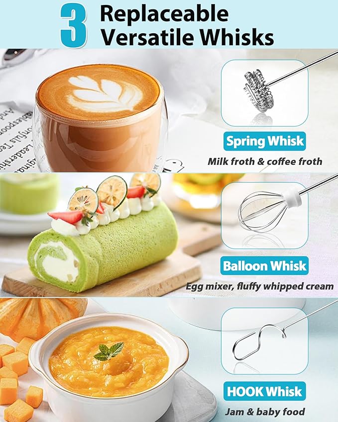 Milk Frother Rechargeable Handheld-Electric Whisk 3 Speed Adjustable, Frother Wand Coffee with 3 Stainless Whisks, Electric Foam Maker, Drink Mixer Blender for Latte Cappuccino Matcha Egg