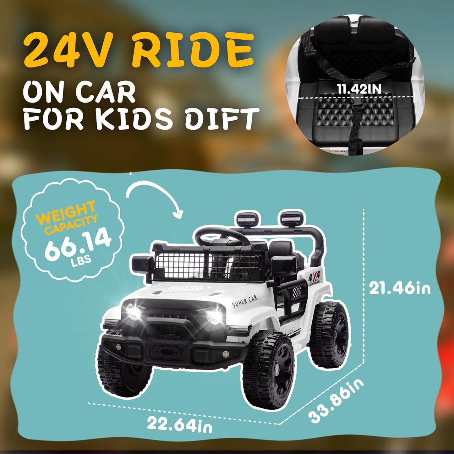 24V Ride on Toys with Parents Control, Ride on TruckCar with Four-Wheel Suspension, Electric Vehicles for Kids, PowerDisplay, Bluetooth, MP3, Music, LED Headlight, 1.86-3.11MPH (White)