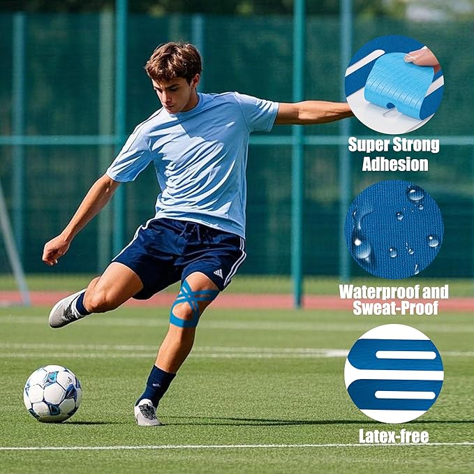 Precut Kinesiology Tape for Knees,24 Pcs – Elastic Knee Support & Stability, Pain Relief – Waterproof, Breathable, Hypoallergenic Athletic Tape (Blue)