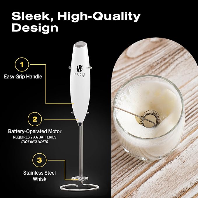 Bean Envy Milk Frother Handheld for Coffee - Electric Hand Blender, Mini Drink Mixer Whisk & Coffee Foamer Wand with Stand for Lattes, Cappuccino, Matcha and Hot Chocolate - Kitchen Gifts - White
